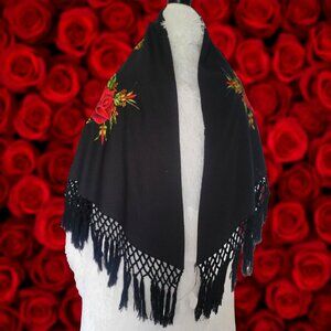 Fringed Black Shawl with Embroidered Red Flowers and Black Fringe